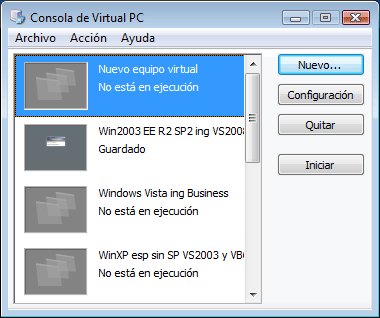 Figura 15. Consola de Virtual PC (la pantalla principal)