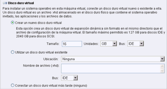 Figura 6. Opciones del disco duro virtual a usar