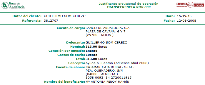 Ingreso del importe cobrado por los anuncios de AdSense en Abril 2008