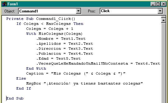 Cdigo que se ejecutar al pulsar en el Command1