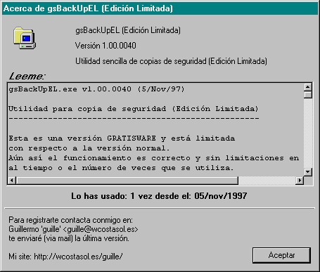 Acerca de gsBackUp Edici�n Limitada (Acerca de)